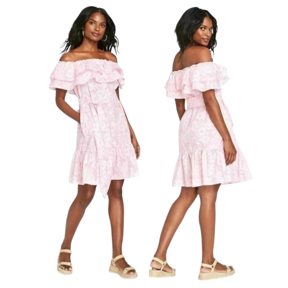 Lisa Marie Fernandez Pink Floral Off Shoulder Ruffle‎ Dress 2X Cotton Spring